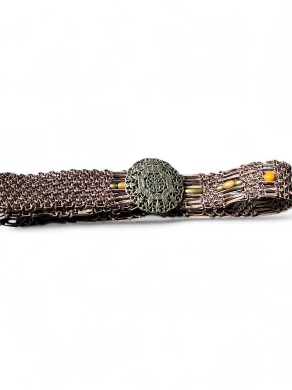 Brown beaded belt with yellow beads and ornate central medallion Size large